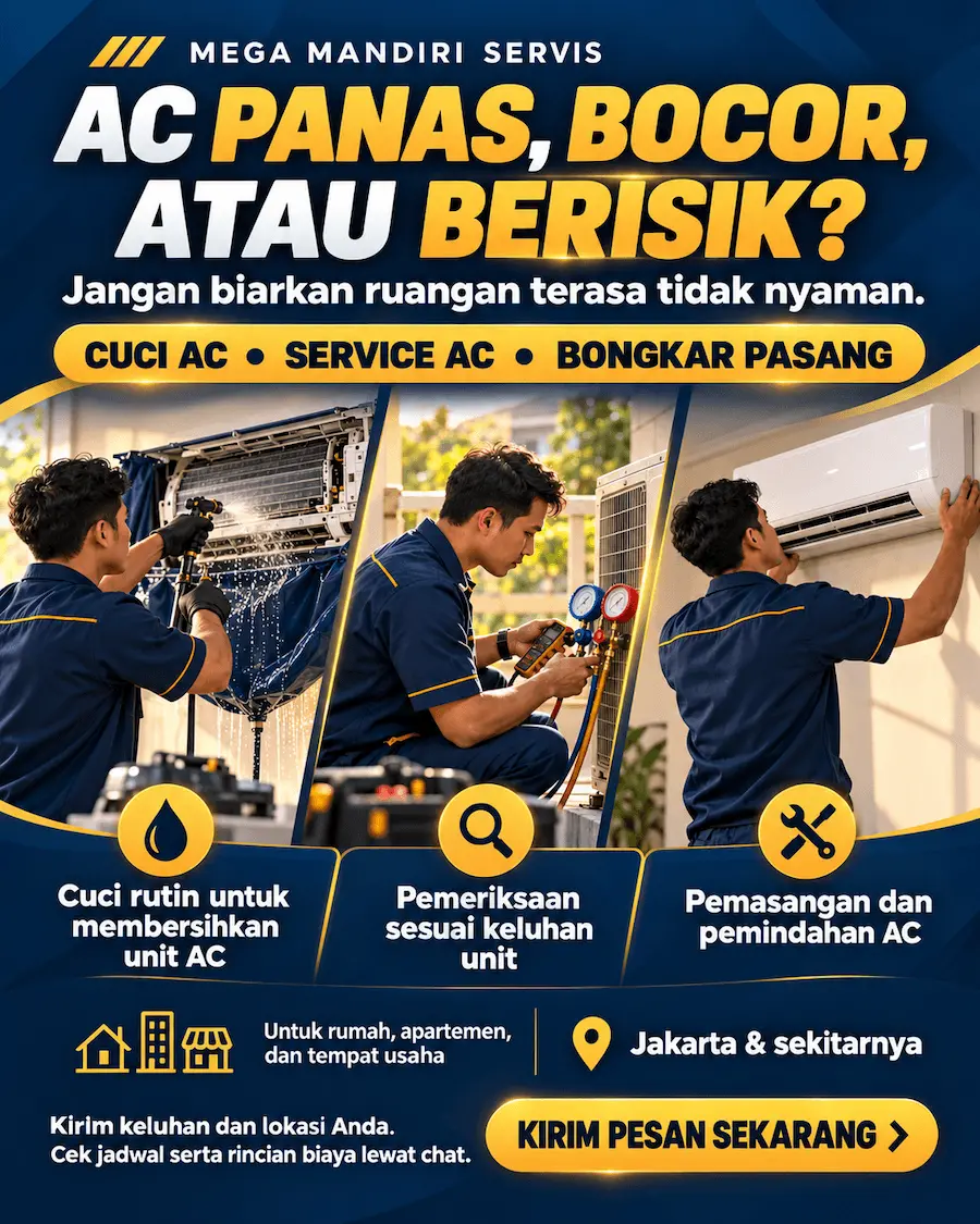 Teknisi AC bersama pelanggan di depan rumah